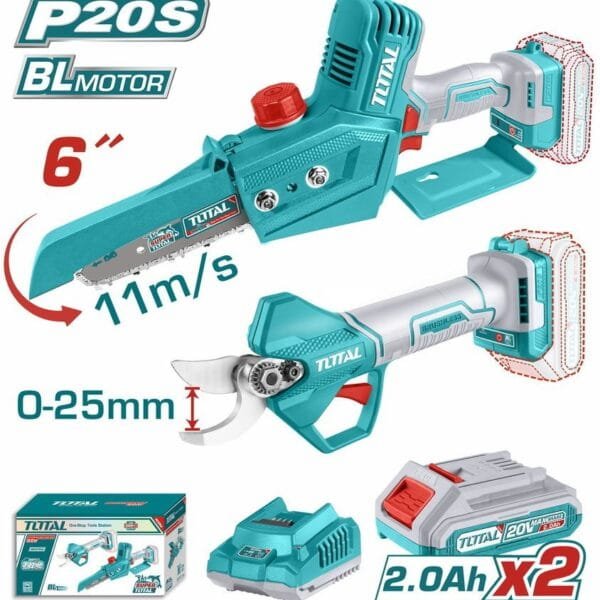 Total Σετ Αλυσοπρίονο & Ψαλίδι Κλαδέματος Brushless 20V με 2 Μπαταρίες 2Ah TOSLI240306Ε